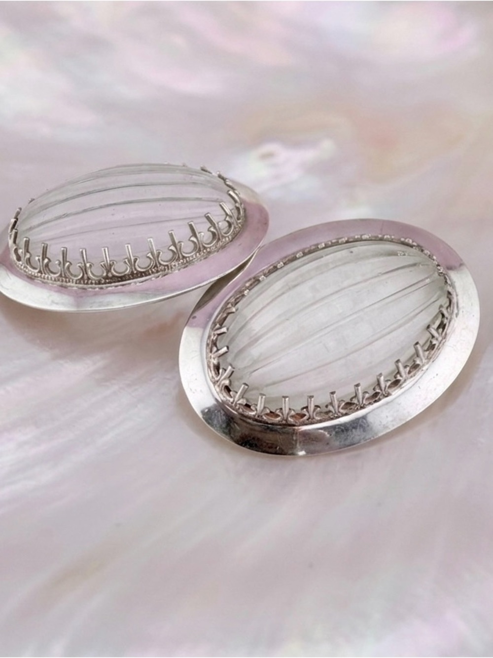 Vintage Sterling Fluted Rock Crystal Ethereal Art Nouveau  style Earrings